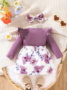 SHEIN Vintaside Kids Baby Girl Floral Print Ruffle Trim Bow Front Dress With Headband