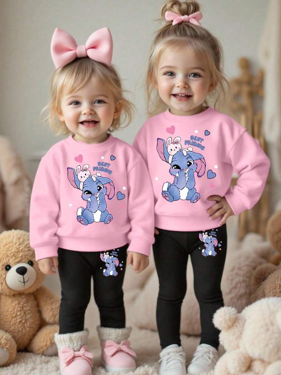 SHEIN 2 件套女婴休闲卡通兔子心形星星字母印花卫衣和裤子套装 - 彩色 - 查看 1