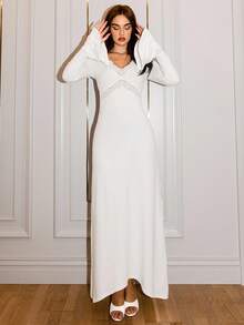 Modelyn Women's Fashionable, Elegant And Sexy Lace Patchwork White Dress - White - View 4