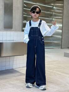 SHEIN Tween Boy Fashion Casual Y2k Vintage Cool Street Returns To School College Simple Basic And Comfortable Blue Denim Overalls And Jumpsuits Clothes Soft Daily Wear And Kids Summer And Fall Rave Outfits Festival And Beach Outfits Streetwear School Clothes Winter