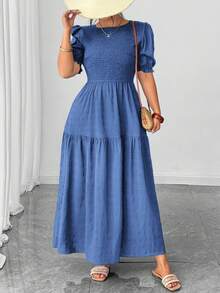 Elenzga Váy xếp ly tay bồng cỡ lớn Shien Holidaya - Màu xanh lam - Xem 4