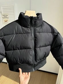 SHEIN Abrigo corto recto acolchado con cuello alto para niñas, adecuado para otoño/invierno