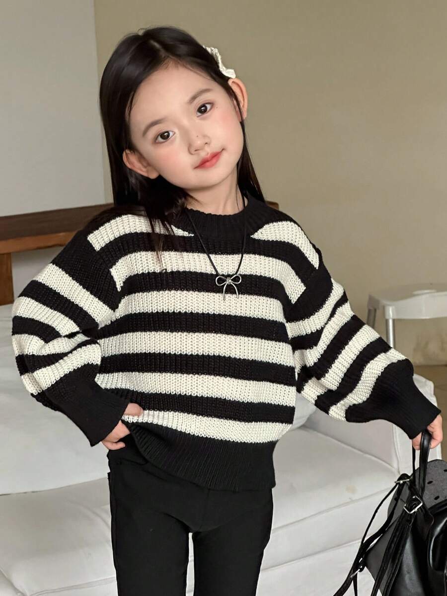 Dazy Kids Young Girls Crew Neck Striped Sweater, Fall Clothes - Black and White - View 1