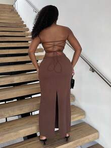 Alexandranx Vestido de verano con tirantes finos, con nudo delantero y espalda descubierta, de unicolor y minimalista para mujer - Marrón - Ver 2