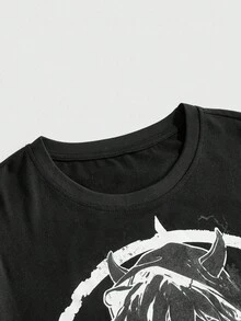 ROMWE MEN Men's Summer Fashion Dark Anime Print T-Shirt - Black - View 3