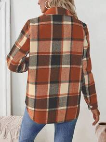 EMERY ROSE Chaqueta casual de mujer con botones, estampado de cuadros y bolsillo, manga larga - Camisa casual diaria para mujer - Naranja - Ver 2
