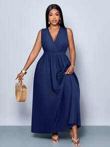 SOLERSUN 大码新款春夏时尚纯色交叉深V领长款休闲宽松A字连衣裙，四季简约服饰，休闲宽松长裙，日常通勤旅行海边度假休闲连衣裙 - 藏蓝色 - 查看 5