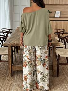SHEIN PETITE CURVE Plus Size Casual Solid Color Top And Wide Leg Pants 2 Pieces Set - Multicolor - View 2