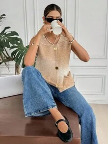 SHEIN Frenchy Women's White Autumn Casual Brunch Ombre Metal Single-Breasted Pocket Knit Sweater Vest,Gradient Coarse Sleeveless Cardigan,Retro Elegant Christmas - Multicolor - View 9