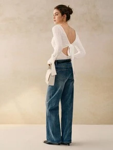 INAWLY Blusa de punto ajustada con espalda calada y lazo de mujer de unicolor - Blanco - Ver 6