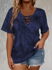LONESS Plus Size Random Print Criss-Cross Tie Short Sleeve T-Shirt