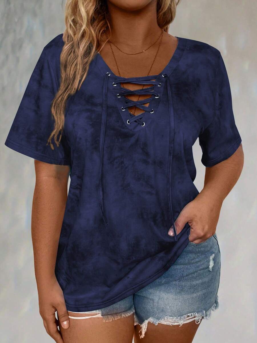 LONESS Plus Size Random Print Criss-Cross Tie Short Sleeve T-Shirt