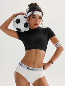 Easithlete 女士纯色立领紧身夏季短袖瑜伽运动T恤修身健身衫压缩衣 - 黑色 - 查看 7