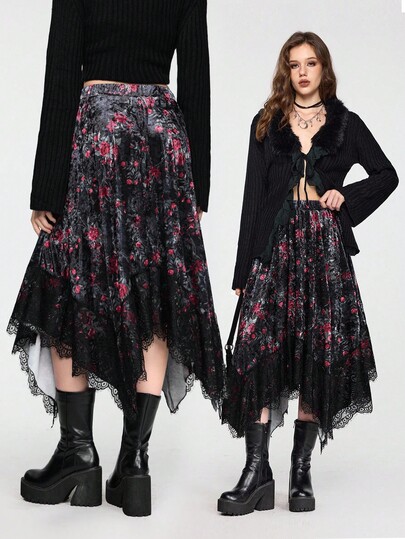 EDITION Jupe mi-longue évasée en velours à motif floral vintage avec dentelle pour femmes