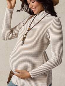 Boho Mama Suéter casual de cuello alto, de manga larga, ajustado y a rayas para maternidad - Multicolor - Ver 3