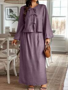 Weeklong 大码女式纯色灯笼袖前系带衬衫和迷你裙休闲两件套