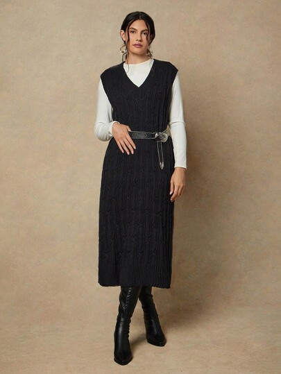 Freevana 秋冬休闲大码纯色无袖针织连衣裙