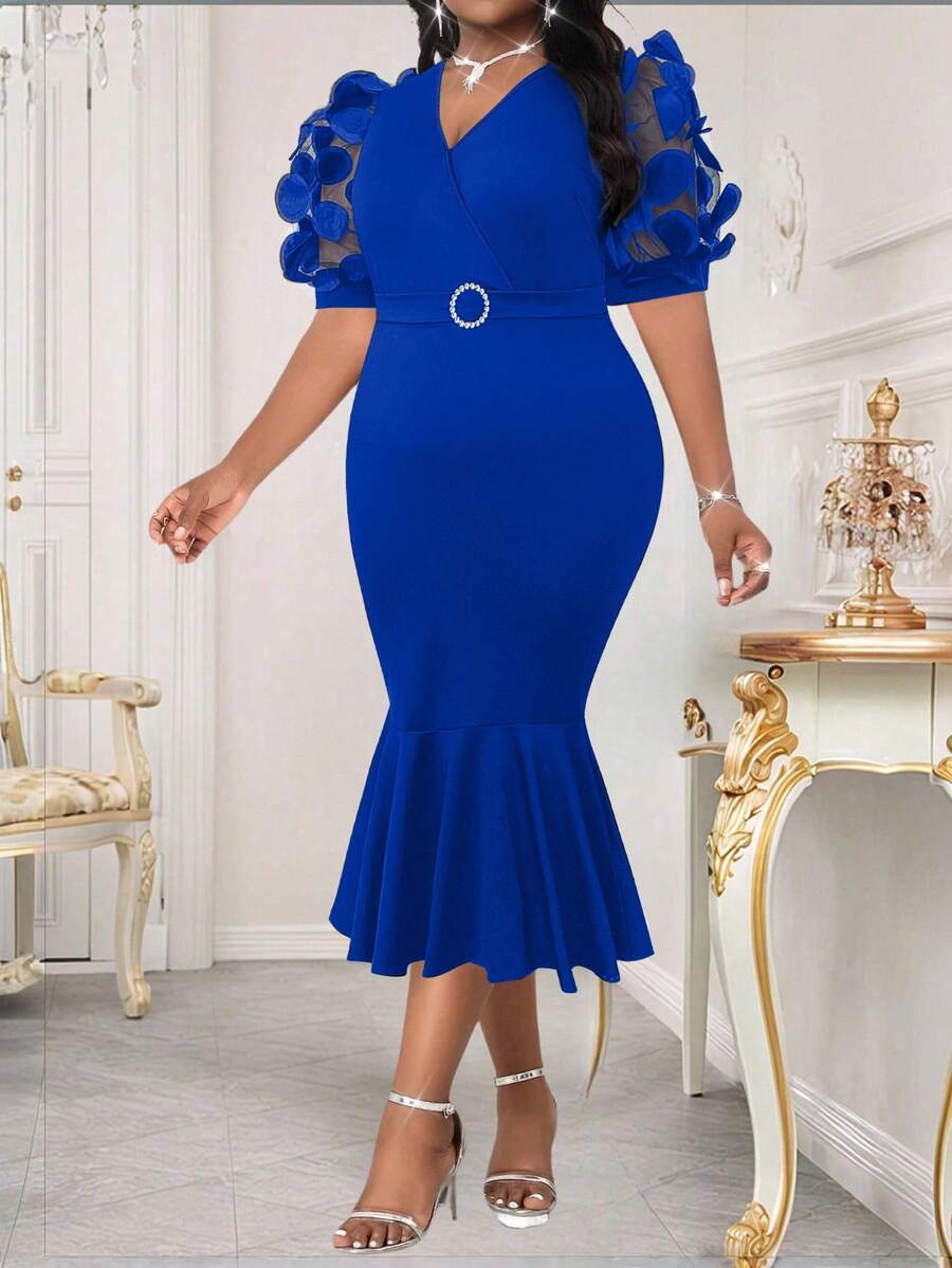 Hourglow 2025 New Spring And Summer Royal Blue Elegant Commuting Office Wedding Cocktail Party Concert/Music Festival Navy Blue Knitted Overlap Collar Mermaid Belted Midi Short Sleeve Plus Size Dresses Party Dress New Year Dress New Year Women New Year Women's Outfit Going Out Dress Going Out Outfits Going Out Outfit Elegant Dress For Women Elegant Dress Elegant Party Dresses, For Hourglass Body Shape - Royal Blue - View 1