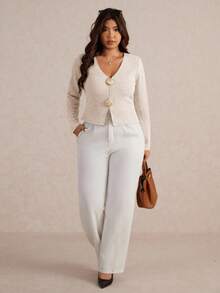 Elaquor Plus Size Women Casual Basic Versatile Urban Chic Metal Buckle Decor Elastic Ribbed V-Neck Solid Color Long Sleeve T-Shirt, Autumn - Apricot - View 4