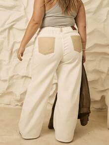 Aralina 大码休闲 Y2K 可爱曲线秋冬高腰贴袋细节阔腿牛仔裤 女士教师节和生日礼物 - 白色 - 查看 2