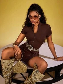 Zyxie Bộ đồ liền thân tay ngắn cổ khóa kéo màu trơn cho nữ - Cà phê nâu - Xem 3