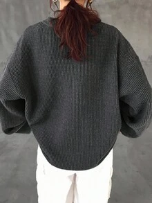 FRIFUL 女式宽松半拉链华夫格针织纯色金属拉链装饰T恤长袖上衣 - 灰色 - 查看 4