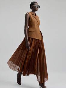 Ontre 2025 Elegant Green Dress, Suit Fabric Patchwork Chiffon, Fitted Waist, Flared Skirt, Chiffon Pleats, Sleeveless Blazer, Business Casual, Office Wear, Daily Outfit, Autumn