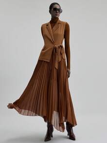 Ontre 2025 Elegant Green Dress, Suit Fabric Patchwork Chiffon, Fitted Waist, Flared Skirt, Chiffon Pleats, Sleeveless Blazer, Business Casual, Office Wear, Daily Outfit, Autumn