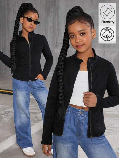 Girls' Black Denim Yoga Top, High Neck Slim Fit Elastic Waist Zipper Pockets Versatile Outdoor Sports Cardigan, Soft & Comfortable Material Fall Winter