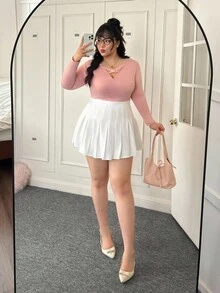 CovetEZ Plus Solid Women's Summer Pleated Skirt - White - View 4