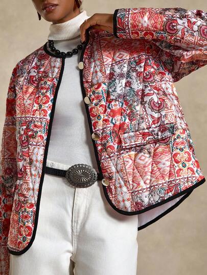 Bóhologie Frenchy Quilted Boho Printed Dual Pocket Stylish Winter Coat