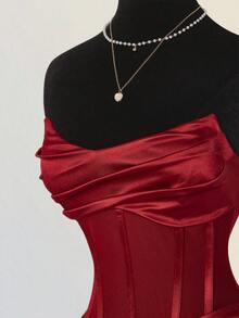 SHEIN ICON 女士时尚性感派对褶饰抹胸迷你连衣裙 - 紅色 - 查看 4