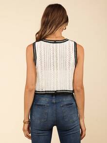 Coeurva Floral Pattern Pointelle Knit Sweater Vest - Black - View 4