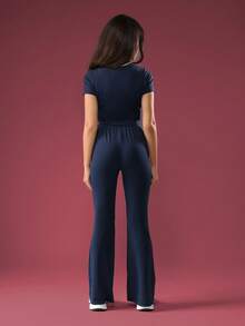 SUMWON Teen Girls Retro Style 1991 Crop Top And Flare Pants Matching Set Comfortable Daily Wear Casual Fall Winter Spring Outfit With Star Detail