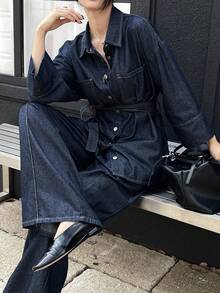 Livesso Women's Cotton Turn-Down Collar Long Sleeve Navy Blue Button-Up Denim Shirt With Wide Leg Pants Outfit Autumn Everyday Casual Streetwear - Navy Blue - View 7