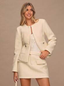 Enchnt 女式纯色长袖双口袋优雅经典夹克，秋冬 - 米色 - 查看 4