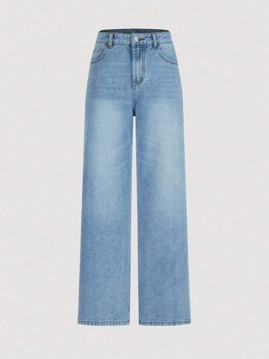 SHEIN 少女复古波西米亚风都市浅色水洗松紧腰直筒牛仔裤，配有扁平口袋 - 中等水洗藍 - 查看 1