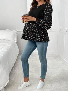 SHEIN 孕妇拼布碎花圆领长袖哺乳上衣 - 黑色 - 查看 4