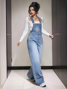 SHEIN PETITE 女式无袖时尚休闲牛仔连体裤，带口袋，百搭春夏季 - 淺色水洗藍 - 查看 5