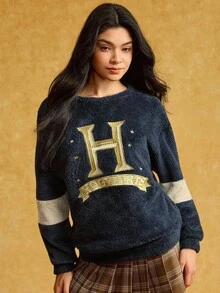 HARRY POTTER X SHEIN 女式字母刺绣拼色圆领长袖运动衫 - 藏蓝色 - 查看 4