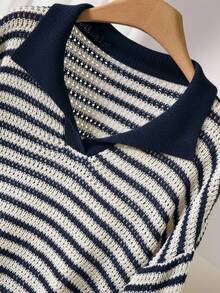 CosyJoli Plus Size Casual Polo Collar Striped Long Sleeve Pullover Sweater Women Pullover Collared Sweater Striped Sweater Women Striped Sweater In Fall/Winter