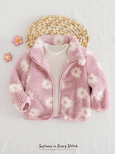 Cozy Pixies Baby Girl Floral Pattern Thermal Lined Thick Long Sleeve Cardigan, Casual & Versatile For Autumn/Winter Baby Girl Cute Sweater Jacket Winter Baby Girl Clothes Baby Girl Cardigan Baby Girl Fall Clothes Jackets Baby Bear Jacket