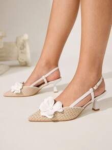 CUCCOO CHICEST Tacones de punta con decoración de flor de iris, tacón grueso, estilo vintage romántico, parte superior tejida de lino, piel sintética, adecuados para citas, fiestas, Navidad, San Valentín, Halloween