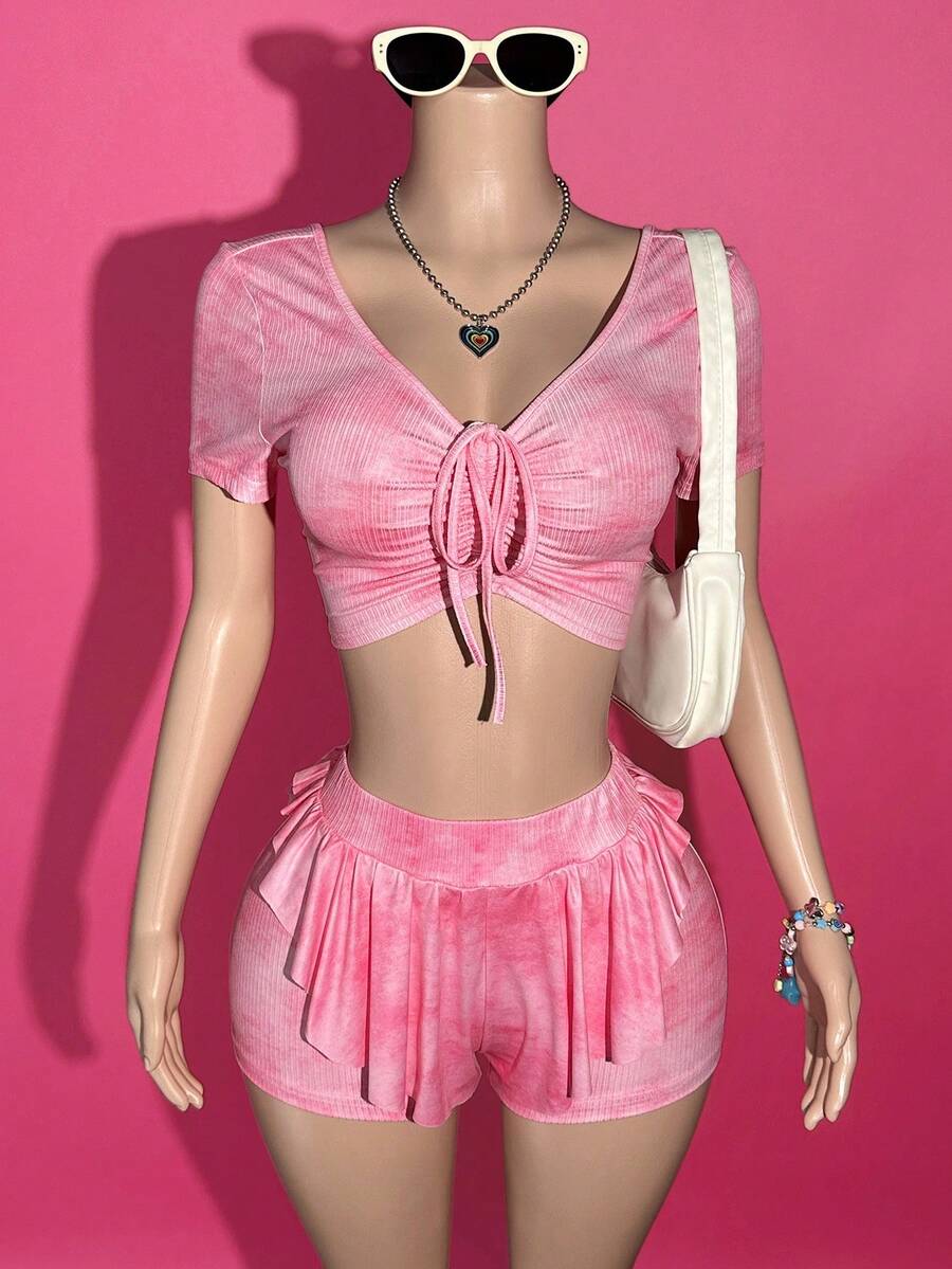 Slaydiva 2025 Spring/Summer New Casual Daily Home Personalized Street Fashion Retro Pink Ombre Snowflake Textured Knit Drawstring Adjustable V-Neck Backless Short Sleeve T-Shirt With Ruffle Hem Shorts Set - Pink - View 1