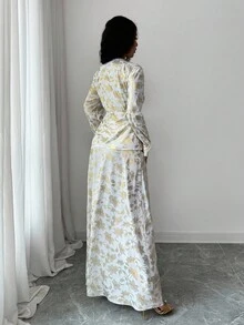 SHEIN Raffinéa Bộ áo và chân váy buộc nơ bất đối xứng họa tiết hoa - trắng - Xem 2