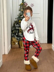 2件套少女针织连帽衫和格子裤套装 - 白色 - 查看 4