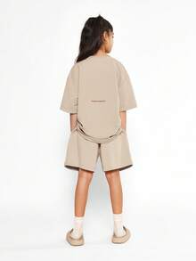SUMWON Oversized Tween Girls Logo Printed T Shirt Shorts Wear Co Ord Streetwear Casual Weekend Holiday Athleisure Sporty Spring Summer Outfit - Khaki - View 2