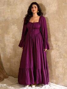 Roveilla 大码优雅复古系带袖口喇叭袖方领收腰 A 字连衣裙，秋冬 - 紫色 - 查看 6