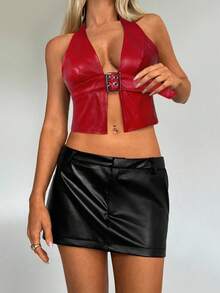 Aloruh 1 pieza Blusa sexy de cuello halter de unicolor de piel de PU de moda para mujeres - Rojo - Ver 4