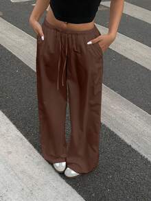 Muchica Women's Casual Solid Brown Loose Wide Leg Thin Straight Pants, Suitable For Spring And Autumn - Brown - View 4